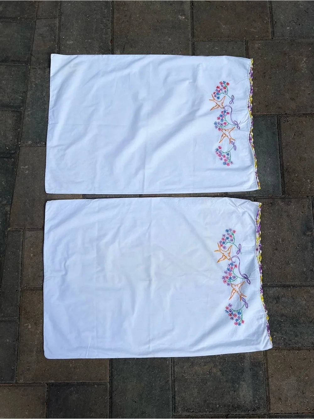 Pair of Hand Embroidered Bluebird Pillowcases Crocheted Lace Edge Floral